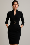 Elegant Black Sheath Dress with Belt and Mandarin Collar