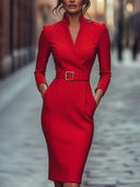 Elegant Black Sheath Dress with Belt and Mandarin Collar