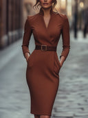 Elegant Black Sheath Dress with Belt and Mandarin Collar