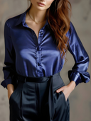 Women's Elegant Black Satin Blouse with Long Sleeves