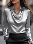 Women's Elegant White Satin Draped Neck Blouse