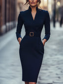 Elegant Black Sheath Dress with Belt and Mandarin Collar