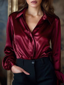 Women's Elegant Black Satin Blouse with Long Sleeves