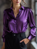 Women's Elegant Black Satin Blouse with Long Sleeves