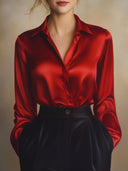 Women's Elegant Black Satin Blouse with Long Sleeves