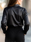 Women's Elegant Black Satin Blouse with Long Sleeves