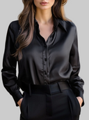 Women's Elegant Black Satin Blouse with Long Sleeves