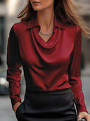Women's Elegant White Satin Draped Neck Blouse
