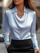 Women's Elegant White Satin Draped Neck Blouse