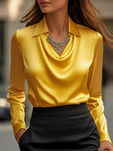 Women's Elegant White Satin Draped Neck Blouse