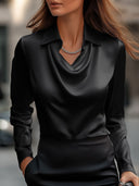 Women's Elegant White Satin Draped Neck Blouse
