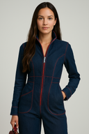 Women's Casual Wide-Leg Denim Jumpsuit – Retro Red with Long Sleeves