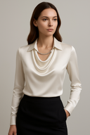 Women's Elegant White Satin Draped Neck Blouse