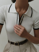 Ribbed Knit Pullover Short Sleeve Slim Fit Top
