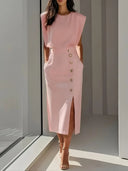 Women’s Midi Dress – Elegant Fit with Button Detail & Side Slit