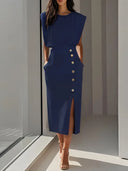 Women’s Midi Dress – Elegant Fit with Button Detail & Side Slit