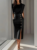 Women’s Midi Dress – Elegant Fit with Button Detail & Side Slit