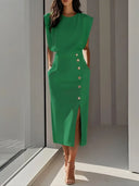 Women’s Midi Dress – Elegant Fit with Button Detail & Side Slit
