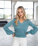 Women’s V-Neck Merino Sweater – Misty Blue Classic Knit