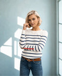 Women’s Breton Sweater – Ivory & Denim Blue Striped Knit