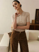 Ribbed Knit Polo Top Short Sleeve Slim Fit Pullover