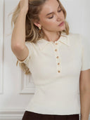 Ribbed Knit Polo Top Short Sleeve Slim Fit Pullover