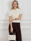 Ribbed Knit Polo Top Short Sleeve Slim Fit Pullover