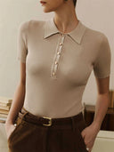 Ribbed Knit Polo Top Short Sleeve Slim Fit Pullover