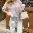 Cropped Knit Sweater Half Sleeve Round Neck Pullover Top