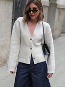 Vintage Knit Cardigan Women Loose V Neck Pocket Sweater