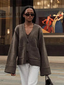 Vintage Knit Cardigan Women Loose V Neck Pocket Sweater