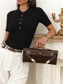 Ribbed Knit Polo Top Short Sleeve Slim Fit Pullover