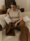 Ribbed Knit Polo Top Short Sleeve Slim Fit Pullover