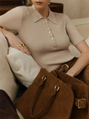 Ribbed Knit Polo Top Short Sleeve Slim Fit Pullover
