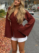 Vintage Knit Cardigan Women Loose V Neck Pocket Sweater