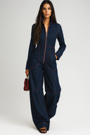 Women's Casual Wide-Leg Denim Jumpsuit – Retro Red with Long Sleeves
