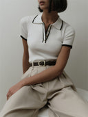 Ribbed Knit Pullover Short Sleeve Slim Fit Top